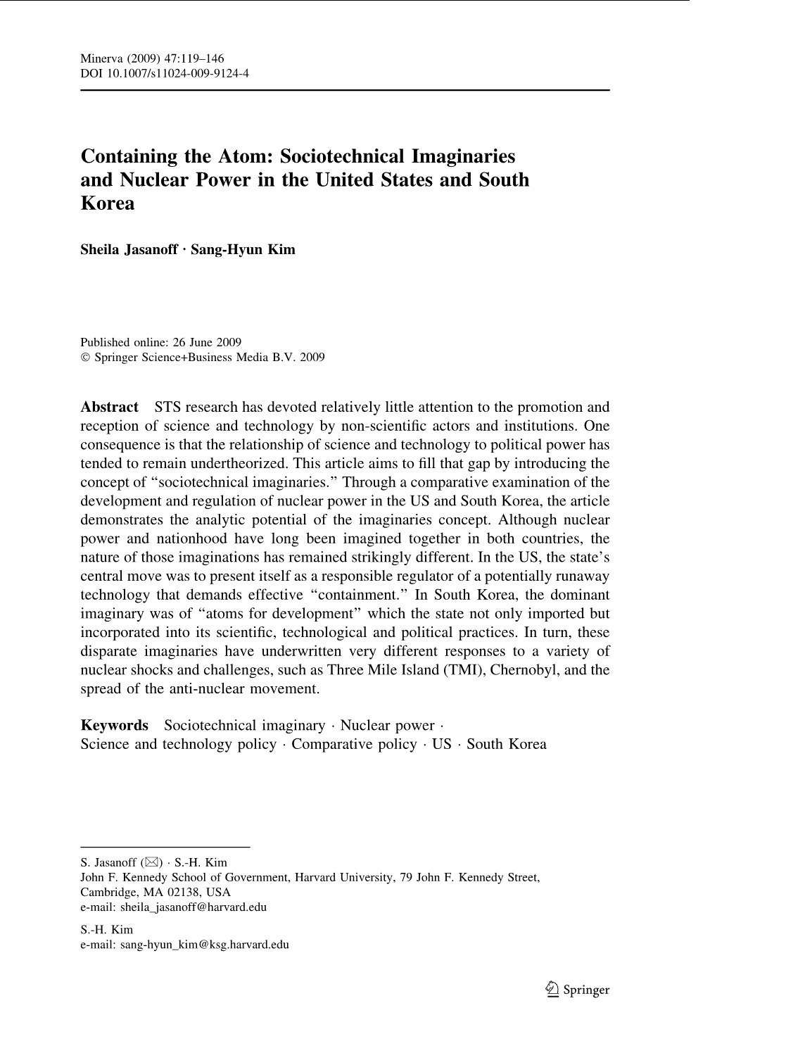 ARTICLE: Containing the Atom: Sociotechnical Imaginaries and Nuclear Power in the United States and South Korea (2009)