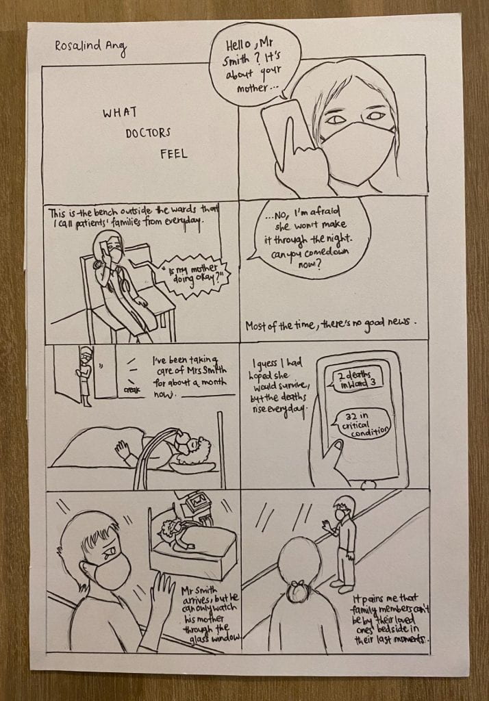 A comic strip titled "What Doctors Feel" which displays the difficult process of empathy under social distancing measures in hospitals.